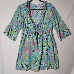 Bag Lady Mud Pie Womens Tunic Dress Sz L 3/4 Bell Sleeves Ruffled V-Neck Paisley